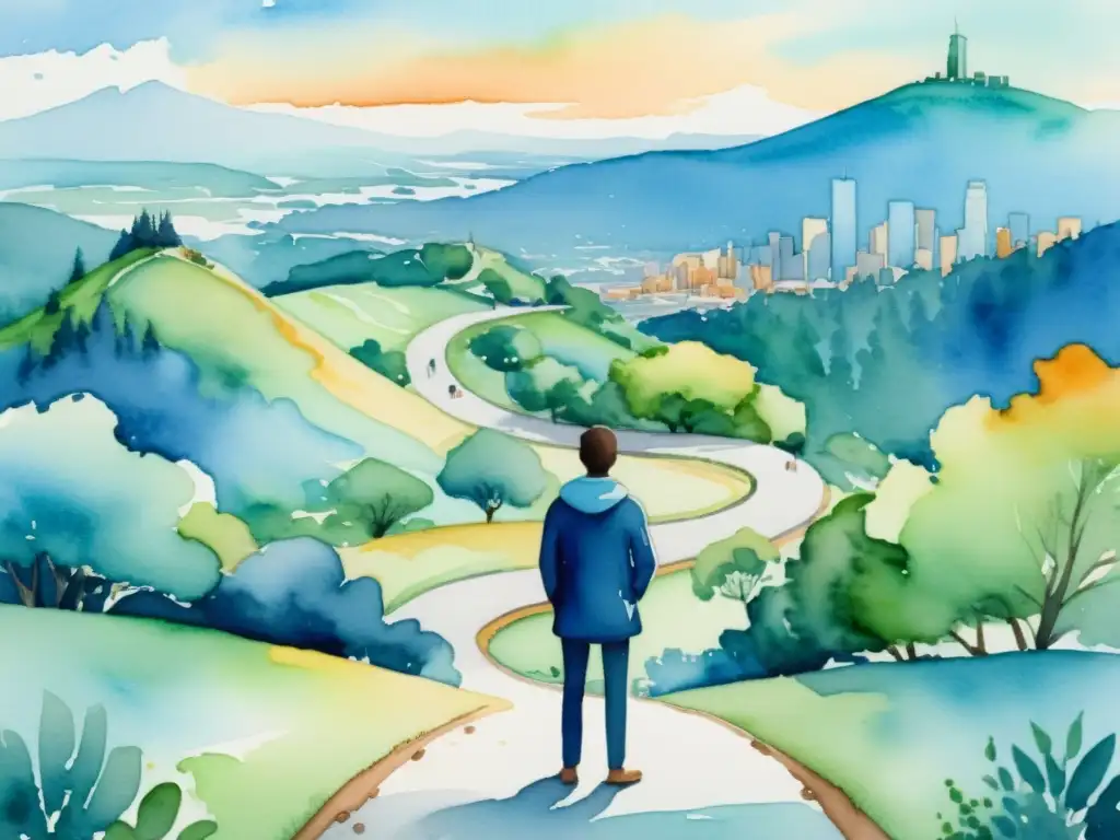Decisión entre ciudad y retiro espiritual en acuarela Acuarela serena de una persona en una encrucijada entre ciudad bulliciosa y retiro espiritual en la naturaleza, simbolizando la transformación en decisiones de carrera