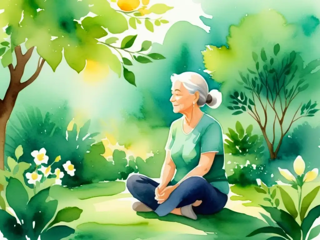 Retrato sereno de la vejez en la naturaleza Una ilustración en acuarela serena de una persona mayor practicando la atención plena en medio de exuberante vegetación y flores en floración
