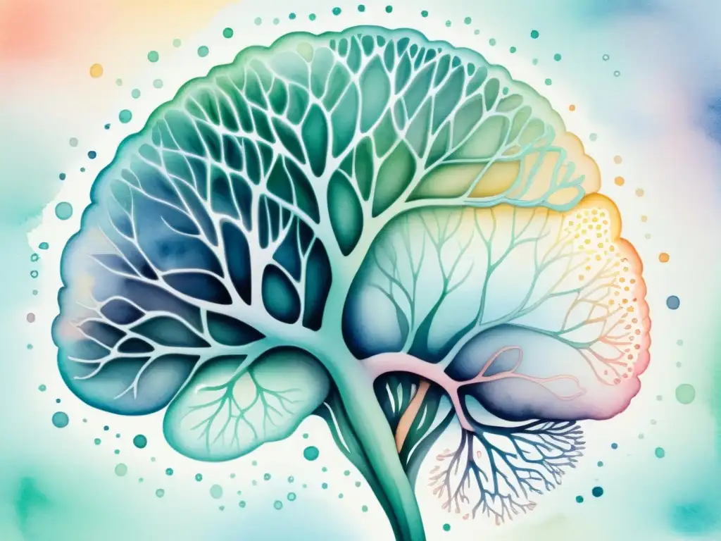 Redes neuronales en acuarela: conexión y serenidad Acuarela serena de una red neuronal en el cerebro, con delicados tonos pastel que muestran las conexiones intrincadas