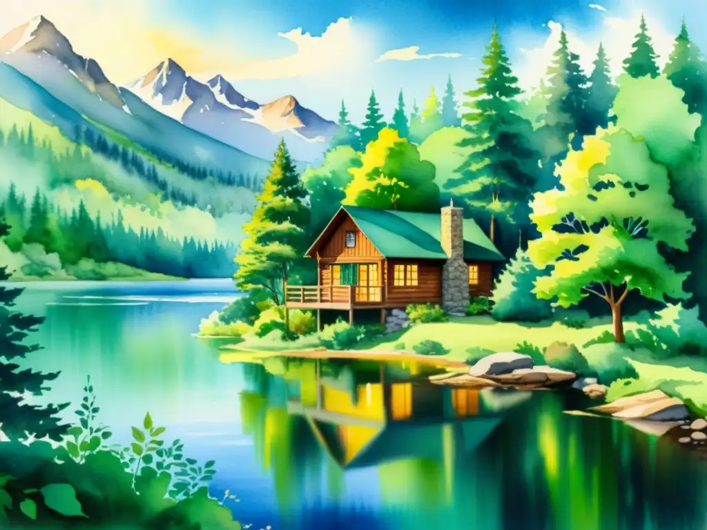 Retiro en el bosque: pintura acuarela serena Acuarela serena retratando un refugio en el bosque con lago, cabaña y árboles verdes
