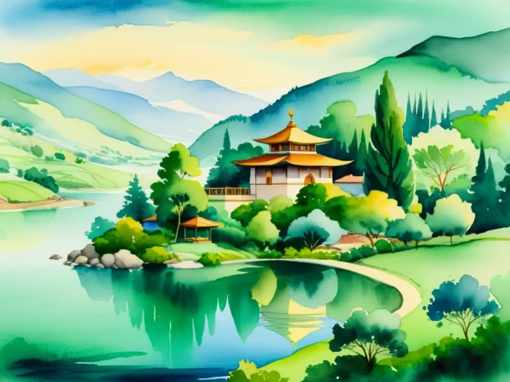 Retiro Sufi: Paz y Renovación Espiritual Acuarela serena de retiro sufí para renovar espíritu en paisaje natural, reflejando paz y serenidad