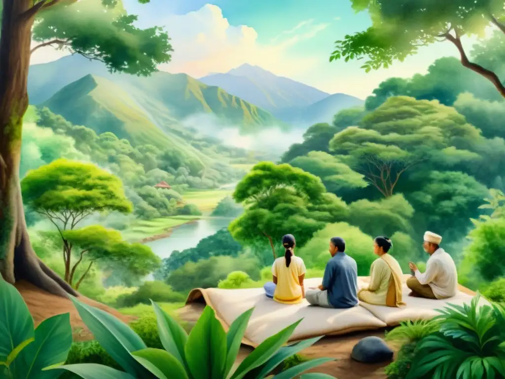Retiro espiritual en la naturaleza: serenidad y tradición Acuarela serena de retiro espiritual en la naturaleza, tradición y renovación personal