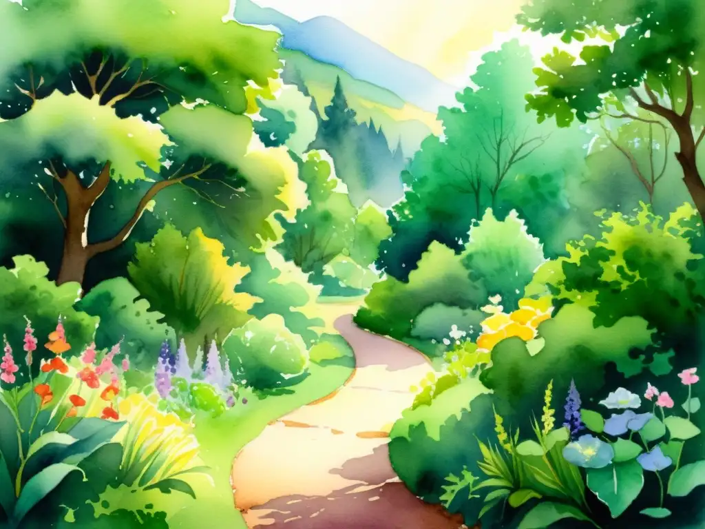 Santuario oculto: pintura acuarela de paz y serenidad en el bosque Acuarela serena de un retiro espiritual en un bosque, con luz filtrándose entre las hojas y creando un ambiente cálido y etéreo