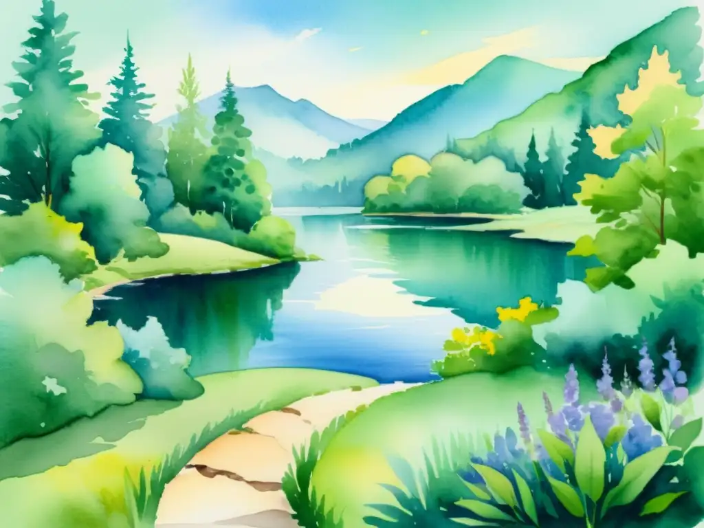 Retiro sereno en el bosque: pintura acuarela Una acuarela serena de un retiro tranquilo en un bosque exuberante, con un sendero que lleva a un lago rodeado de follaje vibrante