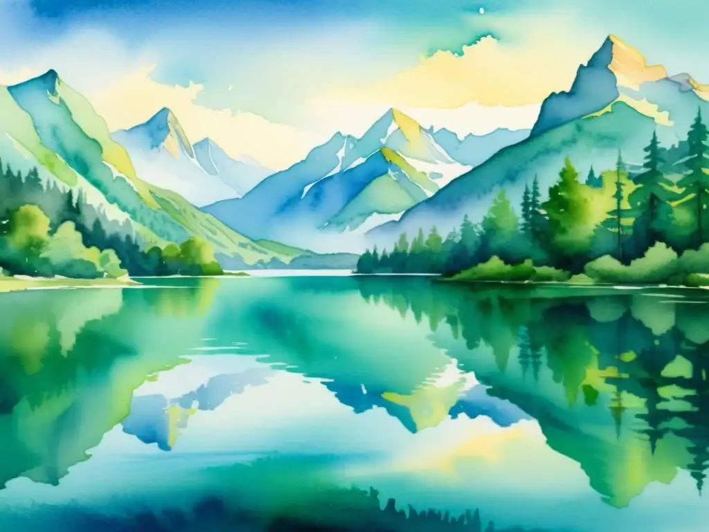 Una acuarela serena de un santuario natural, con un lago cristalino rodeado de vegetación exuberante y montañas imponentes