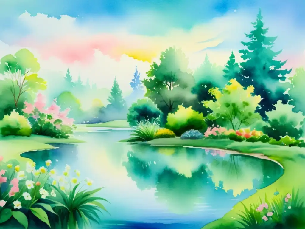 Jardín sereno: acuarela de naturaleza tranquila Una acuarela serena de un jardín tranquilo con exuberante vegetación, flores en flor y un estanque pacífico reflejando los colores vibrantes del cielo