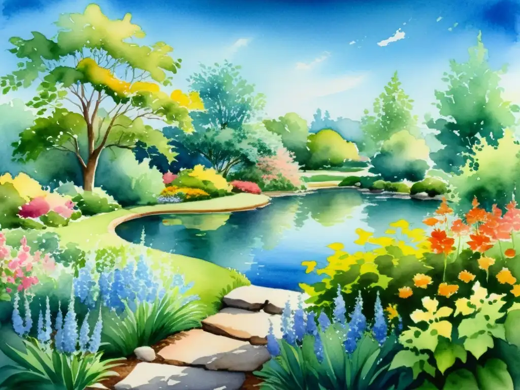 Jardín tranquilo: acuarela serena de la naturaleza Acuarela serena de un jardín tranquilo con flores coloridas, un estanque apacible y sendero de piedra
