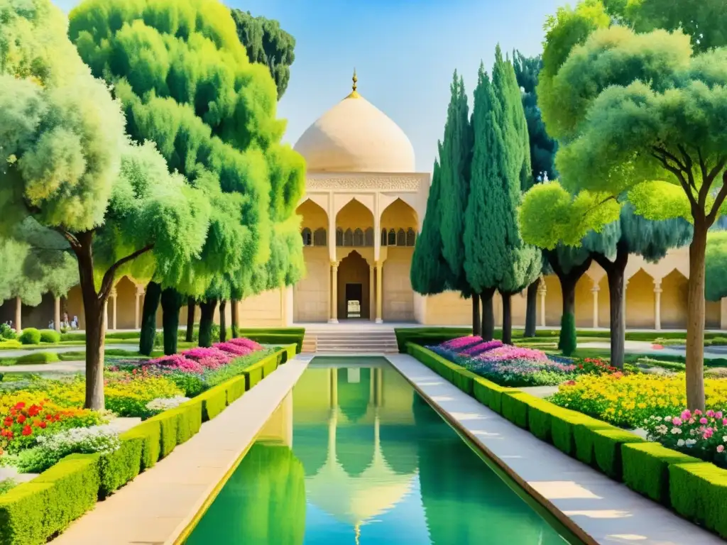 Pintura acuarela serena del jardín Hafezieh en Shiraz, Persia Acuarela serena del tranquilo jardín Hafezieh en Persia