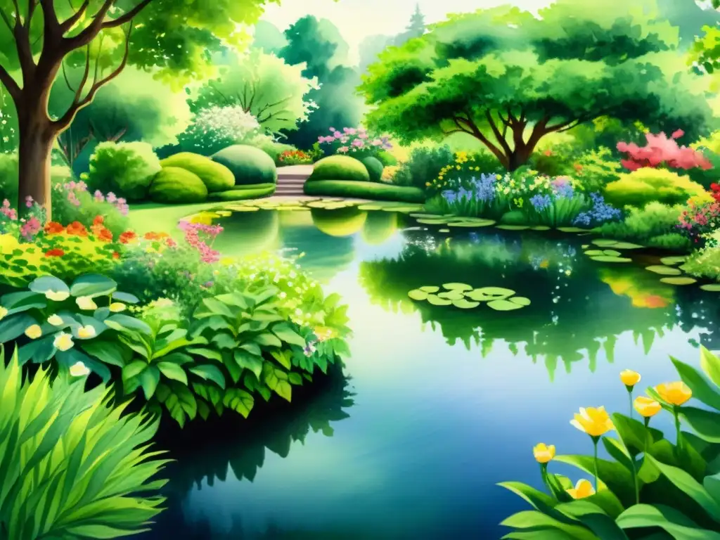 Acuarela 8k: Jardín sereno con flores vibrantes y tranquilidad Acuarela de jardín sereno con flores vibrantes y un estanque tranquilo, ideal para retiros espirituales para mindfulness en jardinería