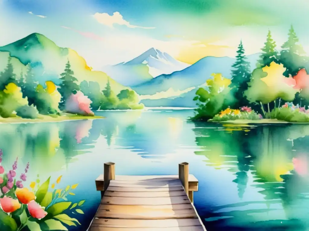 Tranquilo paisaje acuarela: lago sereno y naturaleza exuberante Una acuarela tranquila de un paisaje natural sereno con un lago rodeado de árboles verdes exuberantes y flores coloridas