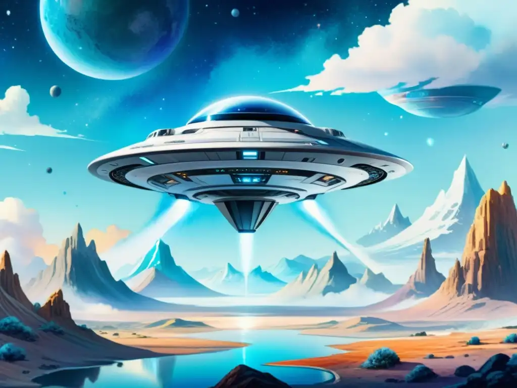 Acuarela detallada 8k de nave futurista sobre paisaje alienígena Una acuarela ultradetallada en 8k de una nave espacial futurista flotando sobre un paisaje sereno y otro mundo