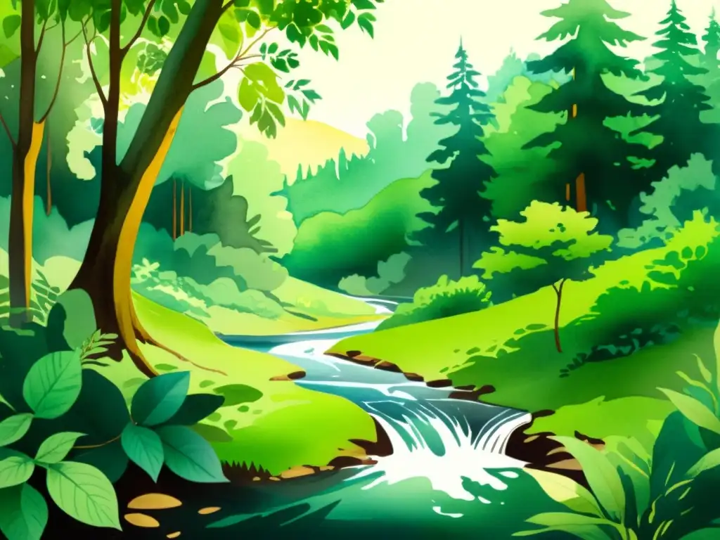 Bosque sereno: acuarela vibrante de la naturaleza Una ilustración acuarelada de un exuberante bosque verde con luz solar filtrándose a través del dosel y creando sombras moteadas en el suelo