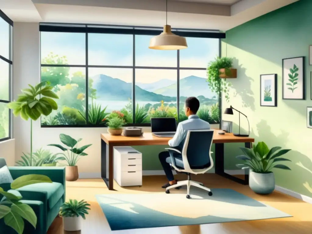 Oficina tranquila: pintura acuarela serena Un ambiente de oficina sereno y tranquilo con iluminación natural, plantas y decoración relajante