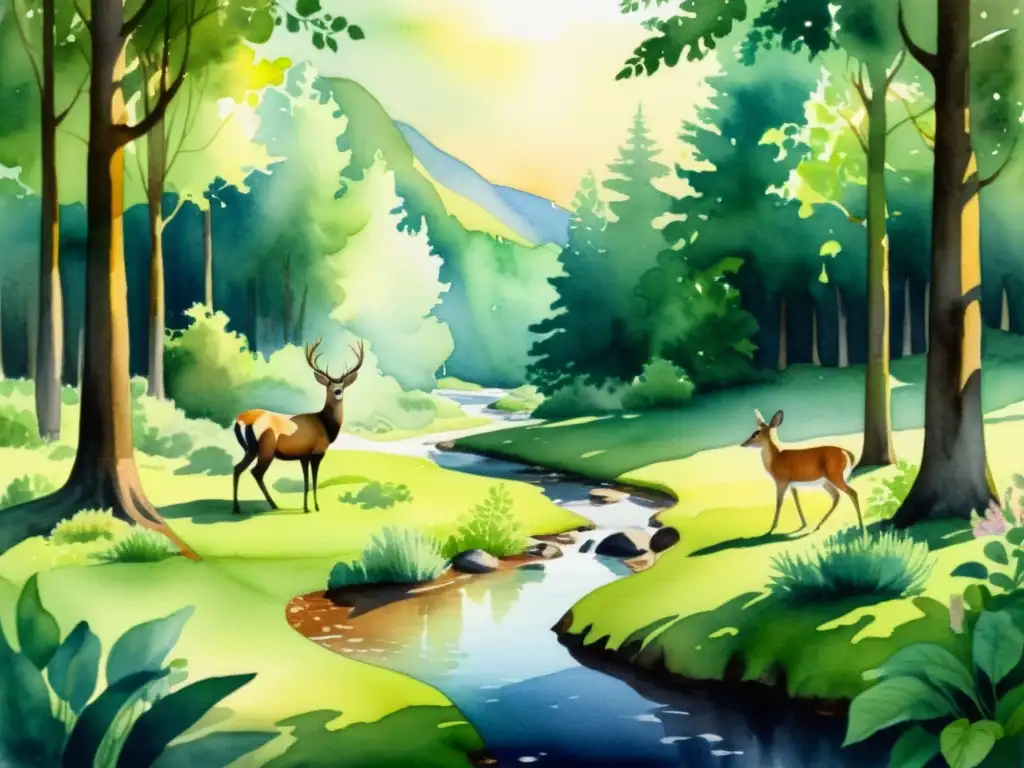 Bosque sereno: acuarela de paz y naturaleza Una apacible acuarela de un bosque tranquilo, con luz solar entre los árboles y sombras en el suelo