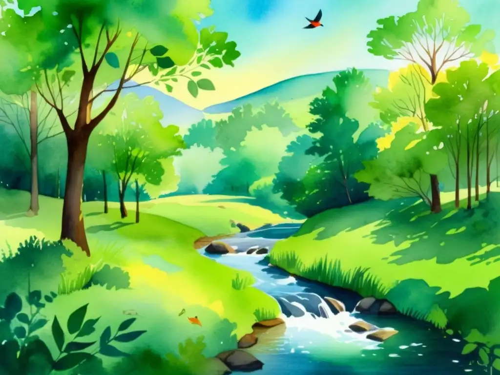 Bosque sereno: acuarela de luz y armonía Un apacible bosque en acuarela con luz solar filtrándose entre las hojas, un arroyo sereno y aves coloridas