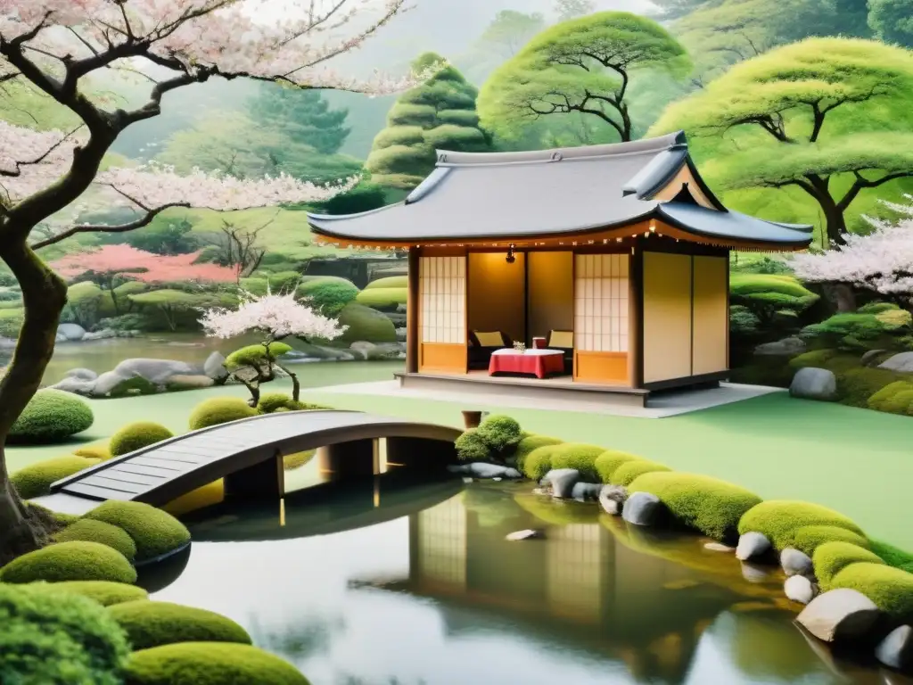 Ceremonia del té japonés: armonía y serenidad En un apacible jardín, una ceremonia de té japonesa se lleva a cabo en armonía