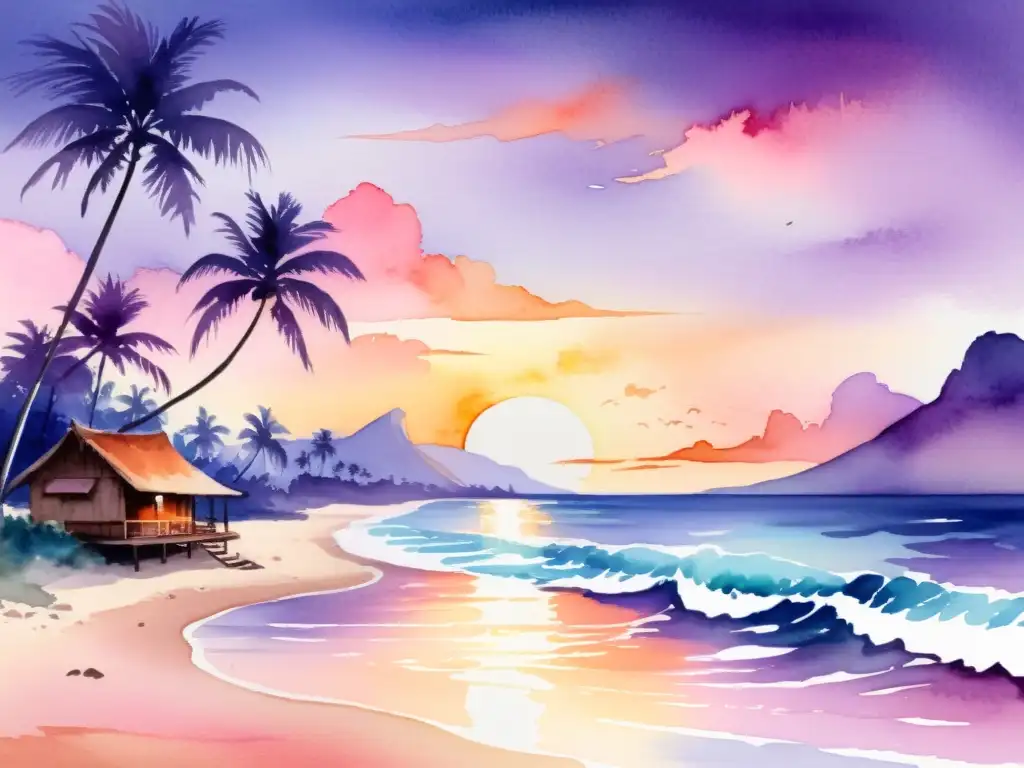 Playa tropical al atardecer: Serenidad en acuarela Un apacible cuadro de acuarela de una serena playa al atardecer con olas suaves, palmeras meciéndose y un ambiente pacífico