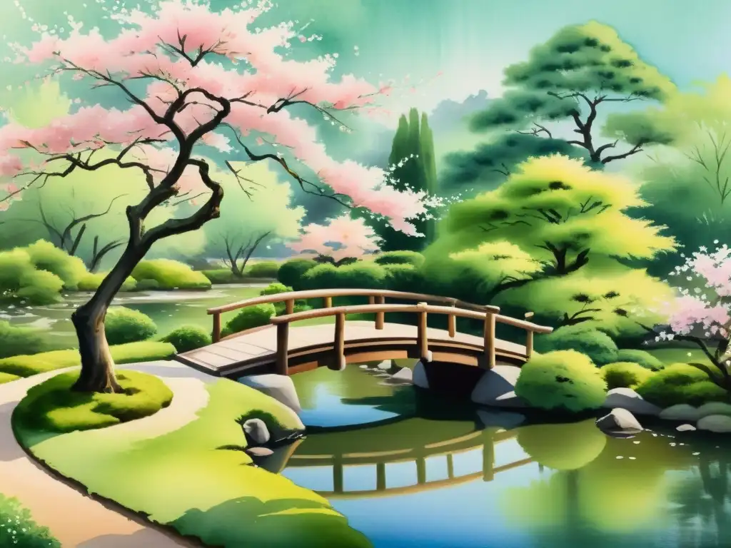 Jardín japonés sereno con practicante de Shodo Un apacible jardín japonés con un puente de madera sobre un arroyo, rodeado de exuberante vegetación y árboles de cerezo en flor