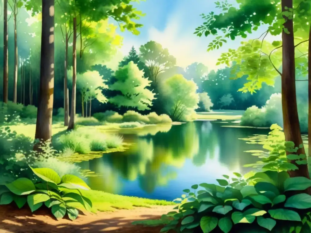 Bosque tranquilo: pintura acuarela de un claro sereno Un apacible paisaje acuarela de un claro bosque escondido, iluminado por el sol filtrándose entre las hojas