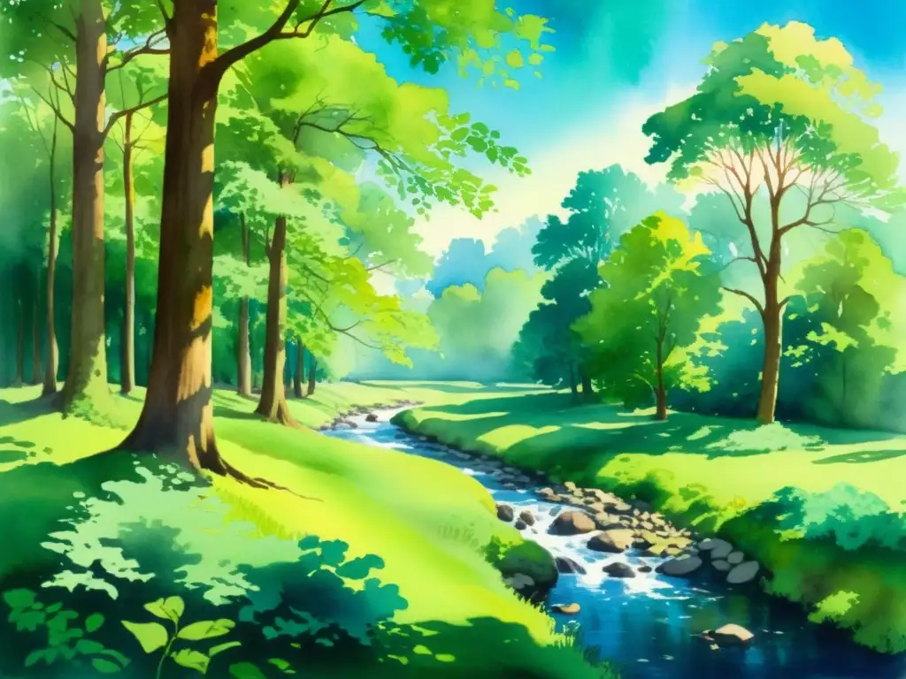 Rincón sereno del bosque: acuarela vibrante Un apacible paisaje acuarela de un frondoso claro en el bosque, con prácticas sostenibles retiro ecoespiritual