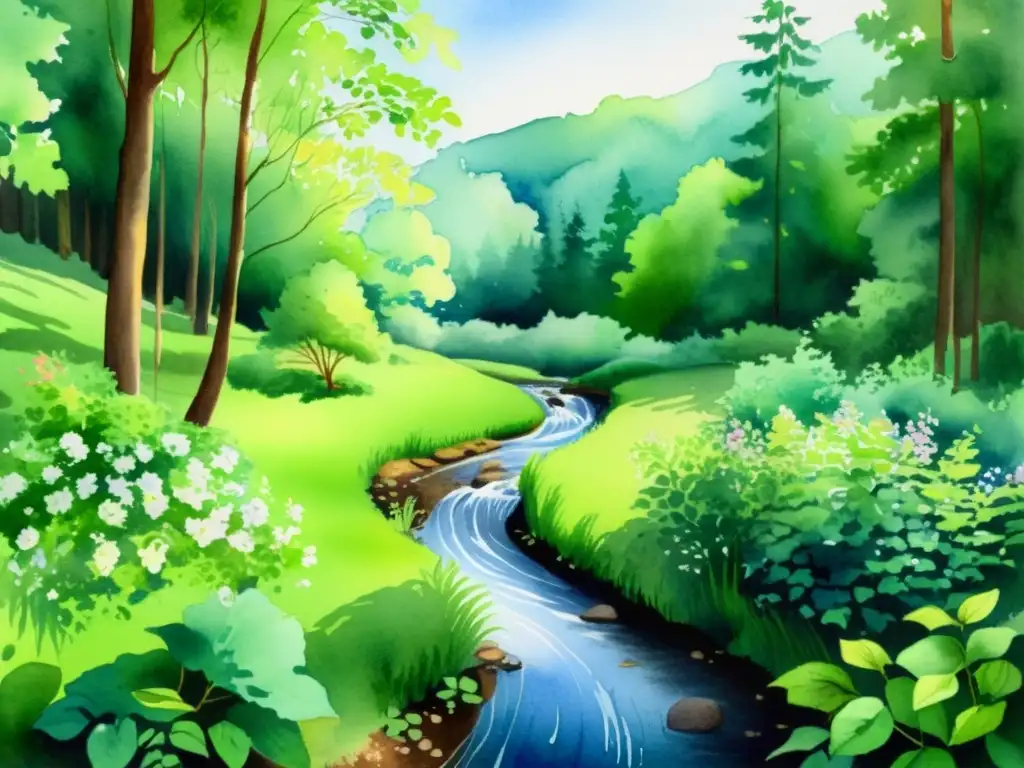 Bosque sereno: acuarela de naturaleza tranquila Un apacible paisaje de bosque en acuarela invita a viajes de silencio para introspección, con luz filtrándose entre las hojas y un arroyo serpenteante