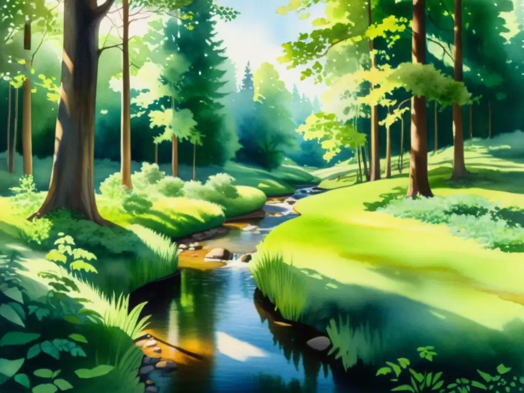 Bosque tranquilo en acuarela: serenidad y luz Un apacible paisaje de bosque en acuarela, con luz solar filtrándose entre los árboles y creando sombras moteadas en el suelo