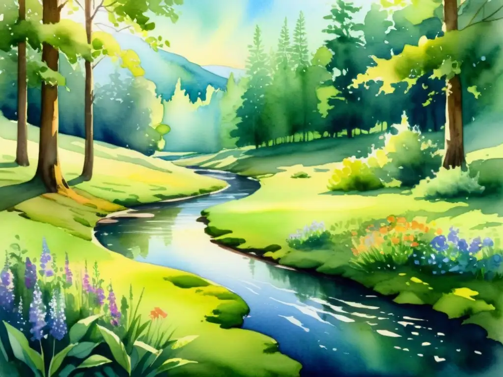 Bosque sereno: acuarela de naturaleza tranquila Un apacible paisaje de bosque en acuarela con luz solar filtrándose entre los árboles