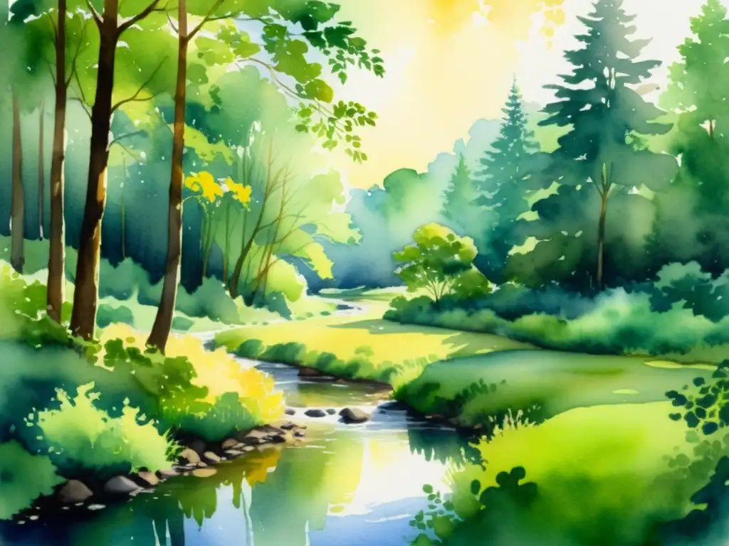 Bosque sereno: meditación y naturaleza Un apacible paisaje de bosque en acuarela, con luz dorada filtrándose entre las hojas