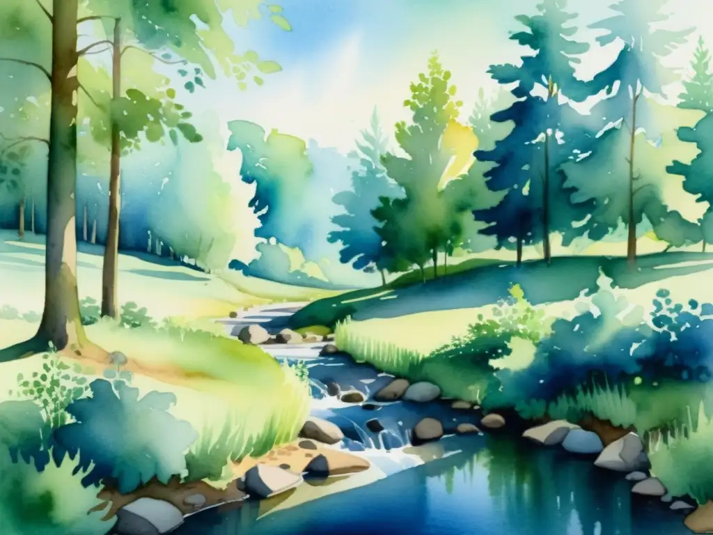 Pintura acuarela: bosque tranquilo con luz del sol Un apacible paisaje de bosque en acuarela, con luz solar filtrándose entre las hojas y creando sombras moteadas en el suelo