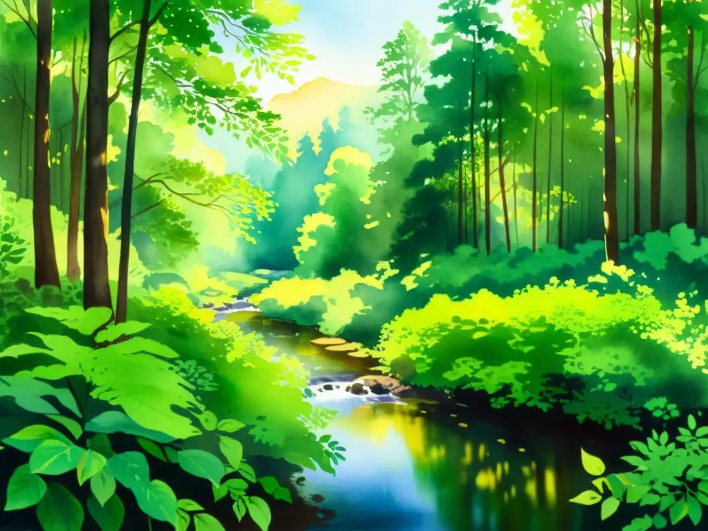 Bosque sereno: acuarela vibrante Un apacible paisaje forestal en acuarela, con exuberante vegetación y sereno arroyo, ideal para retiros espirituales meditación silencio