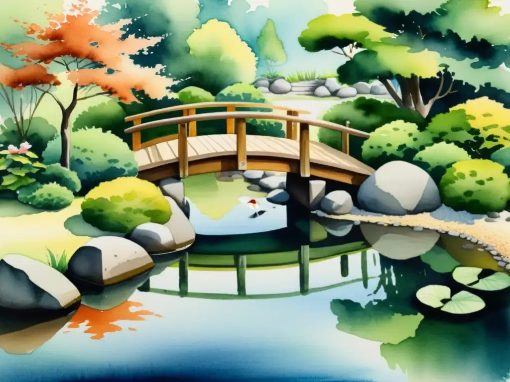 Pintura acuarela de jardín Zen: serenidad y armonía Un apacible jardín zen pintado con acuarelas, con grava meticulosamente rastrillada, rocas cuidadosamente colocadas y exuberante vegetación