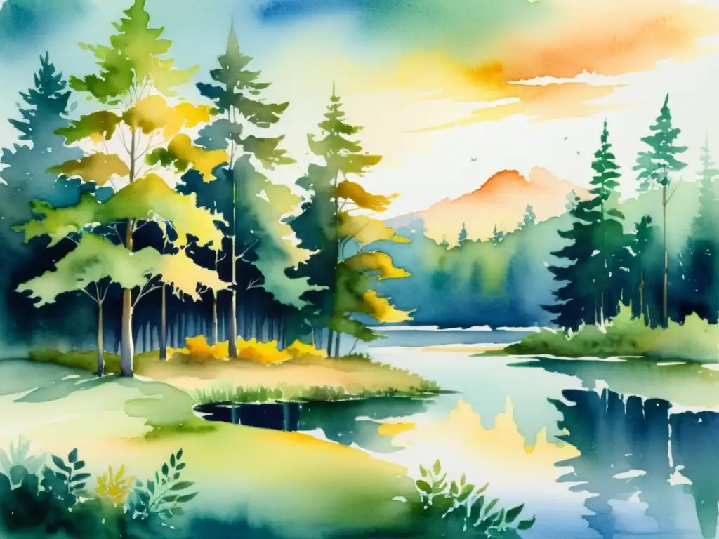 Tranquilo atardecer en el bosque Una apacible pintura acuarela de un bosque tranquilo al atardecer, con la suave luz dorada del sol creando una atmósfera serena