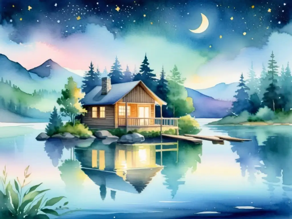 Pintura acuarela: Reflejos serenos en lago Una apacible pintura al agua de un retiro junto al lago, con una acogedora cabaña entre árboles frondosos y un cielo estrellado