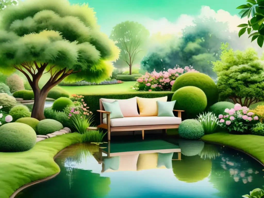 Jardín sereno: ilustración acuarela de un refugio tranquilo Un apacible jardín de retiro con paisaje verde exuberante, flores y estanque, perfecto para prácticas de retiro para renovación laboral
