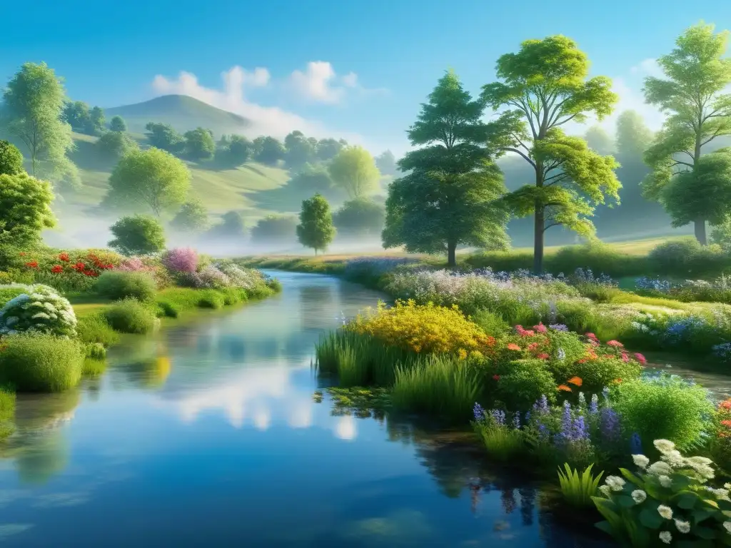 Paraíso digital: prado sereno junto al arroyo Una apacible y serena pradera con un arroyo, árboles frondosos y flores vibrantes