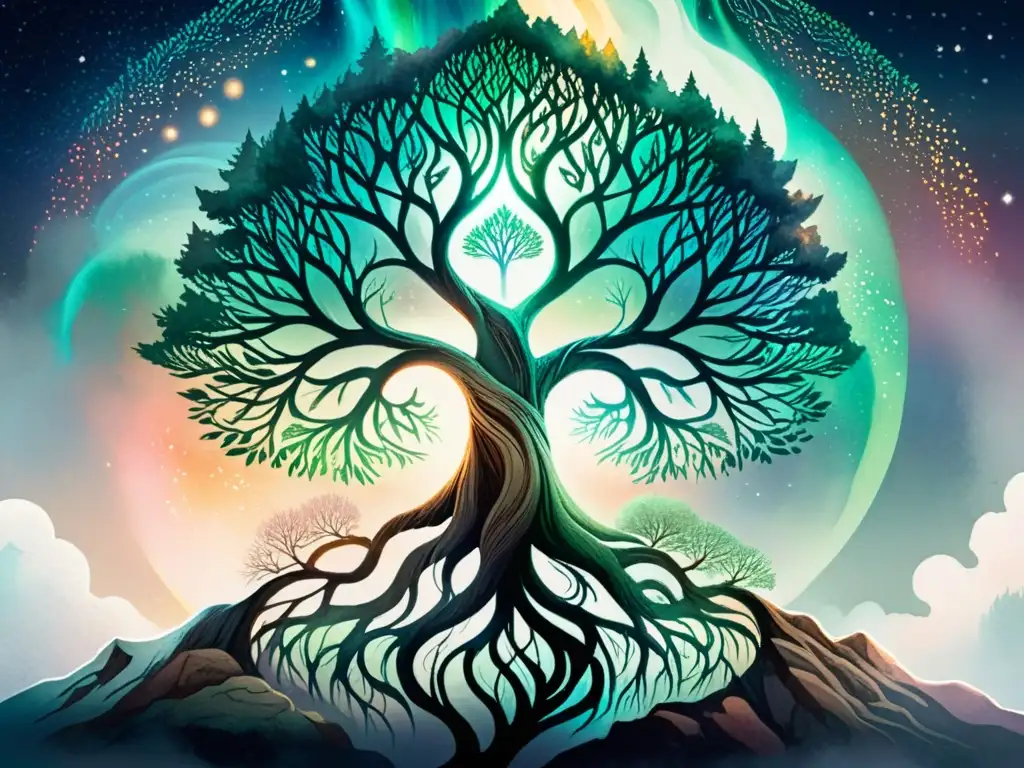 Árbol majestuoso: raíces profundas y Northern Lights Un árbol majestuoso con raíces profundas en la tierra, rodeado de niebla y luces del norte, evocando retiros espirituales de introspección y renovación personal