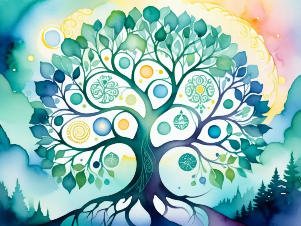 Majestuoso árbol místico: Renovación espiritual y sabiduría ancestral Un árbol místico con patrones vibrantes y luz etérea, rodeado de símbolos de la Kabbalah