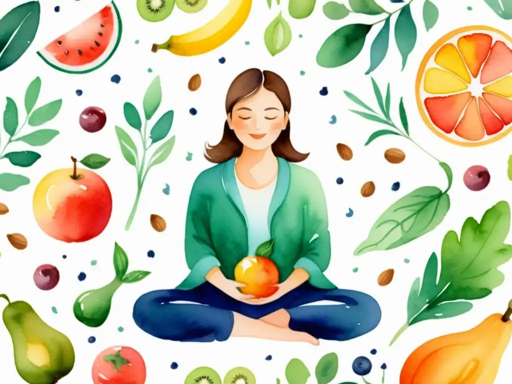Armonía alimentaria: Meditación con alimentos Arte acuarela de una persona en meditación rodeada de alimentos vibrantes, transmitiendo calma y 'Mindfulness en la alimentación consciente'