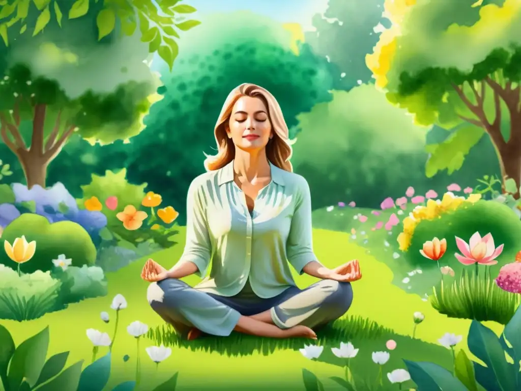 Serena meditación en jardín floreciente Arte en acuarela de un jardín tranquilo con flores vibrantes y un meditador en agradecimiento, bañado por cálida luz solar