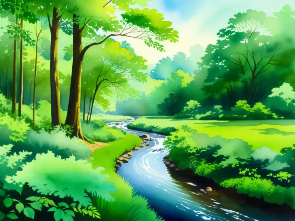 Bosque sereno: pintura acuarela de la naturaleza exuberante Arte de estar presente en un retiro Vipassana, con un bosque sereno y arroyo tranquilo