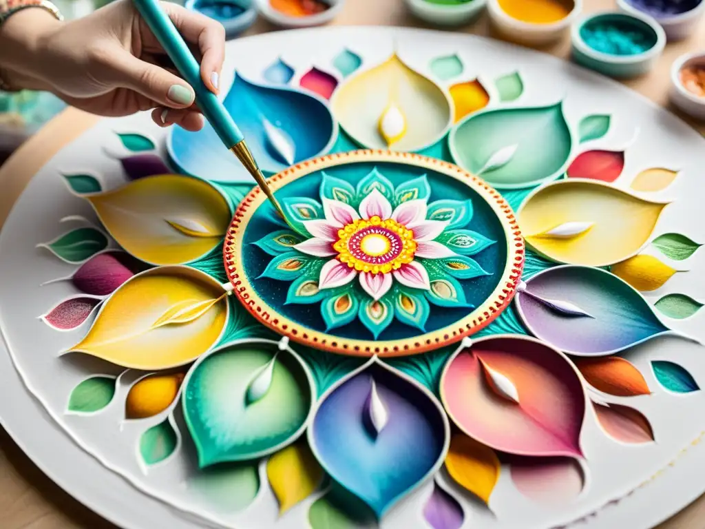 Mandala de colores: Creación artística con acuarelas Un artista crea con delicadas pinceladas un mandala multicolor, evocando introspección y conexión espiritual