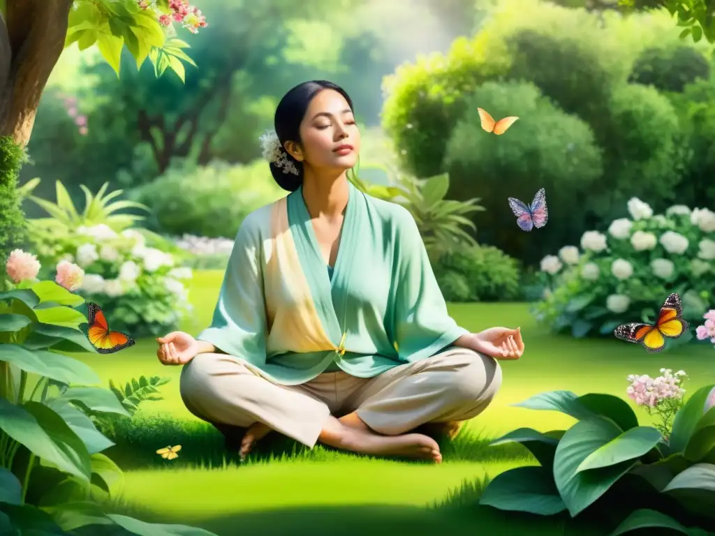 Artista meditando en un jardín exuberante Artista meditando en jardín, rodeado de flores y mariposas