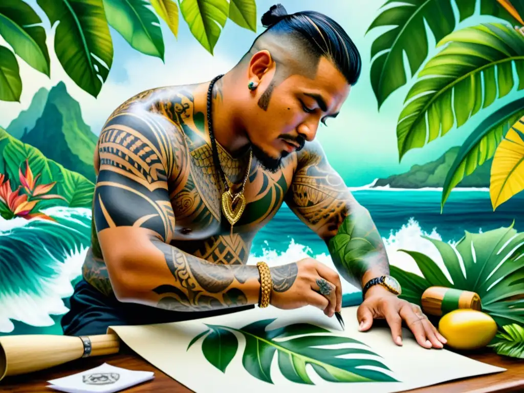 Tatuador polinesio: arte espiritual y conexión con la naturaleza Un artista de tatuajes tradicionales polinesios trabaja rodeado de exuberante vegetación tropical y el sonido de las olas del mar