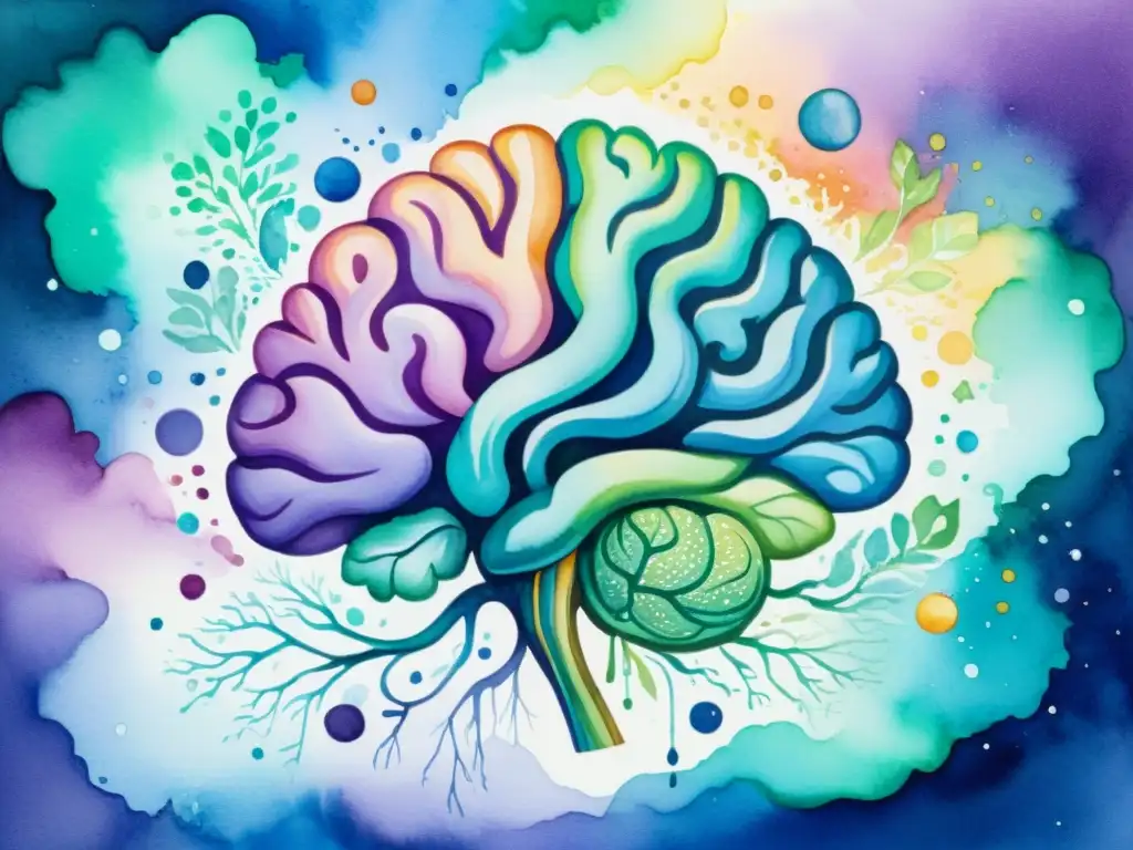 Una asombrosa pintura acuarela de una mente suspendida en el aire, rodeada de energía y patrones, en tonos de azul, morado y verde