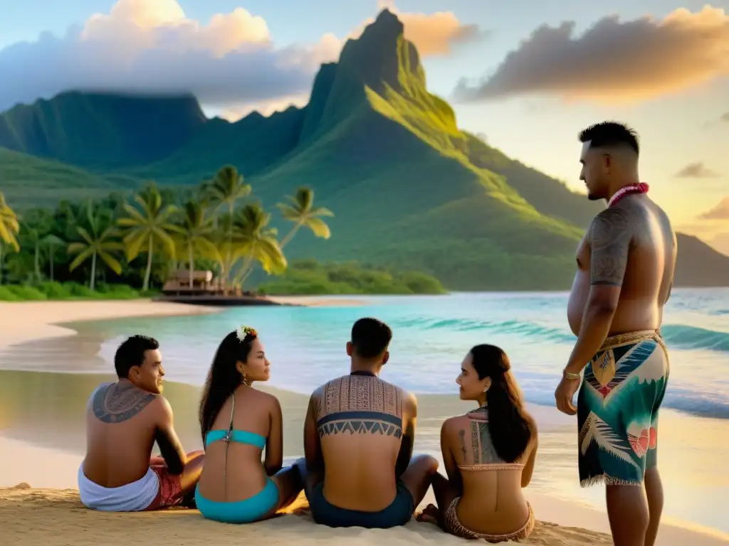 Tatuaje polinesio en la playa al atardecer Un atardecer sereno en la playa de Polinesia, donde lugareños participan en una ceremonia de tatuaje