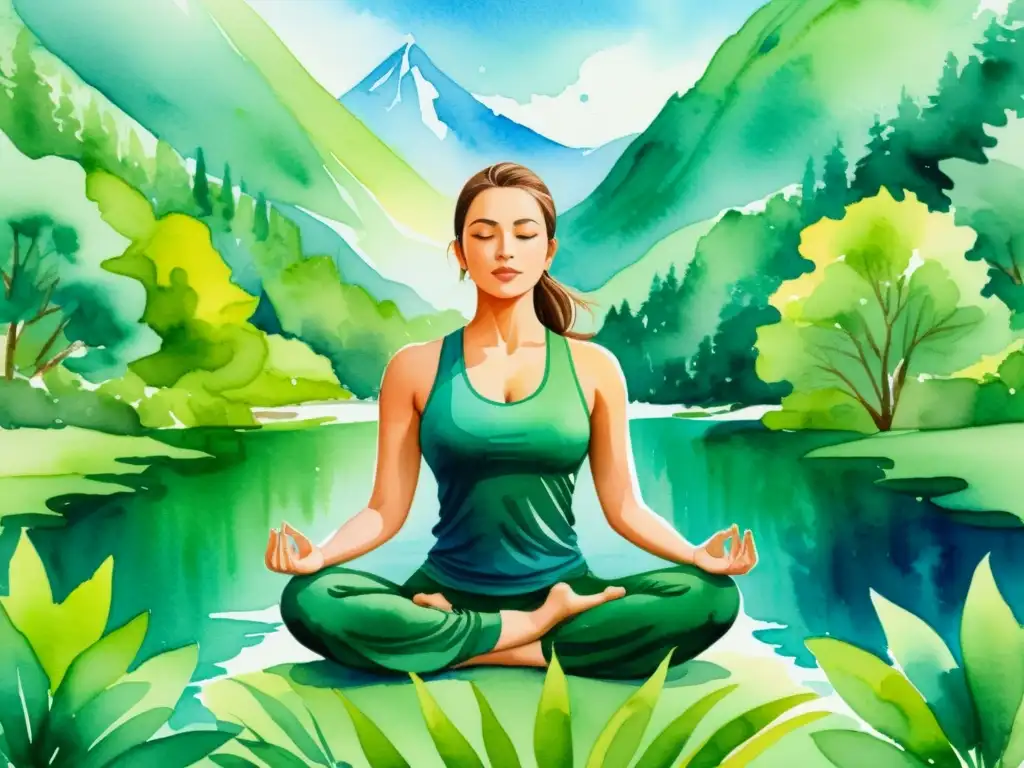 Meditación en la naturaleza: Atleta en pose de yoga Un atleta en postura de yoga, concentrado en la naturaleza, en una ilustración detallada de acuarela