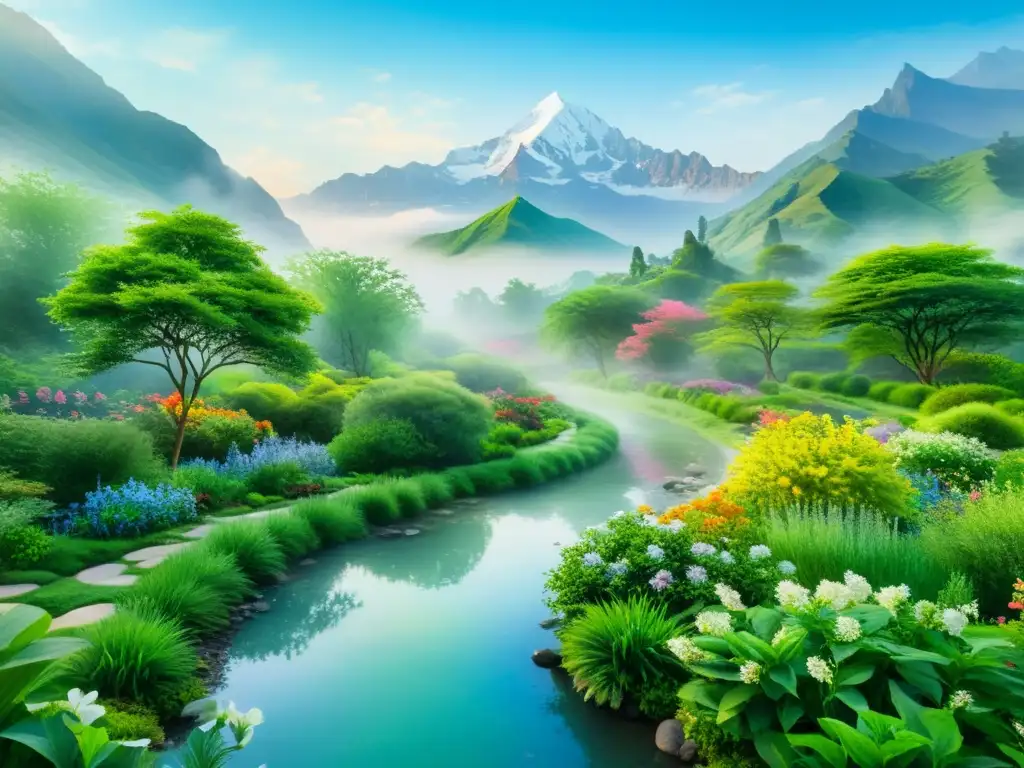 Jardín Ayurvédico: Serenidad y Belleza Natural Un jardín ayurvédico sereno y exuberante con flores vibrantes y un arroyo tranquilo