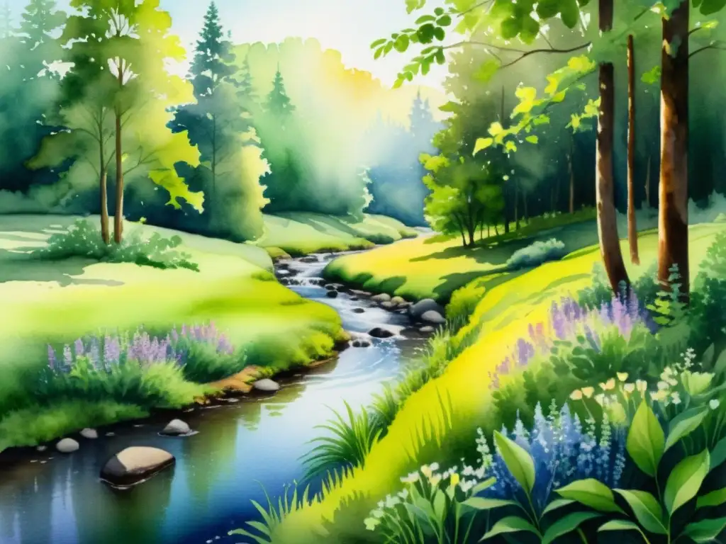 Bosque sereno: acuarela de la naturaleza en calma Una bella acuarela de un claro bosque tranquilo, con vegetación verde vibrante, flores silvestres y un arroyo sereno