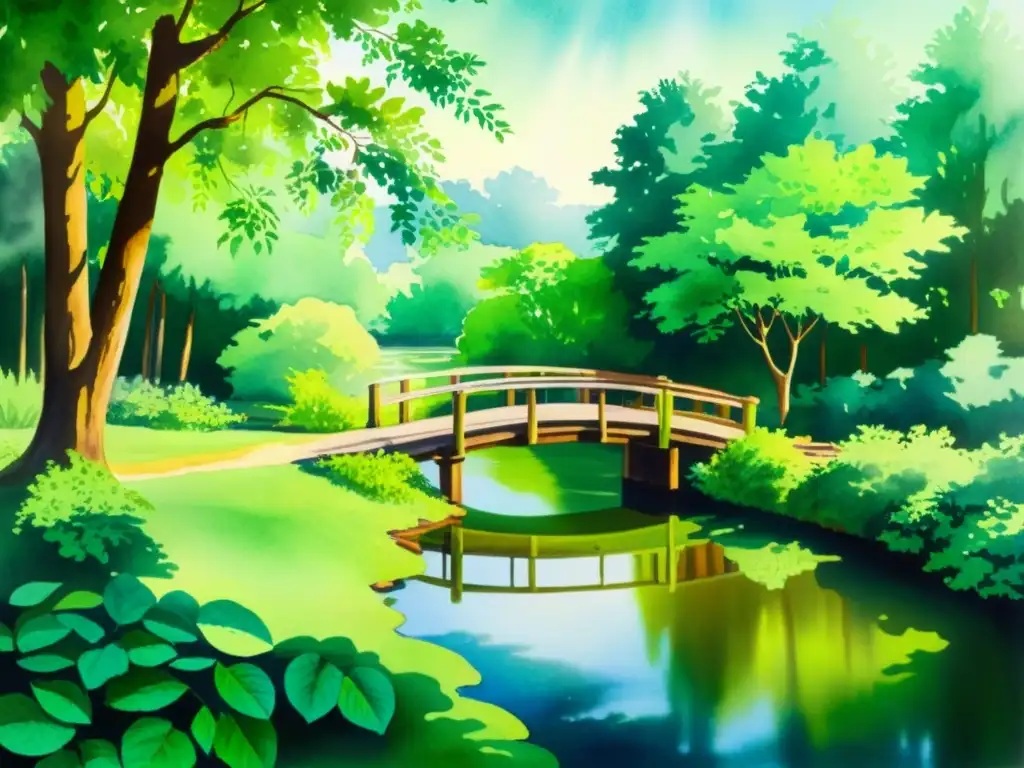Bosque tranquilo: pintura acuarela de un paraíso verde Una bella acuarela de un exuberante bosque verde con luz solar filtrándose entre las hojas, creando sombras moteadas en el suelo