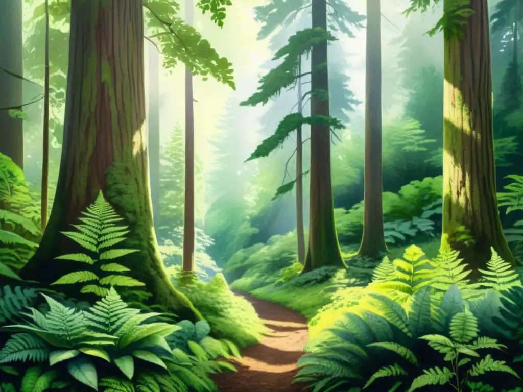 Bosque ancestral: ilustración serena y vibrante Un bosque ancestral exuberante y sereno, con árboles cubiertos de musgo, helechos verdes y flores silvestres
